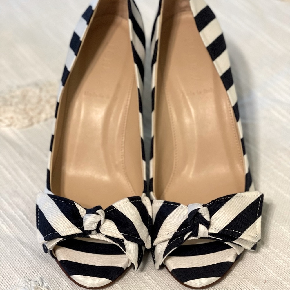 J. Crew Navy and White Striped Bow Peep-Toe Flats